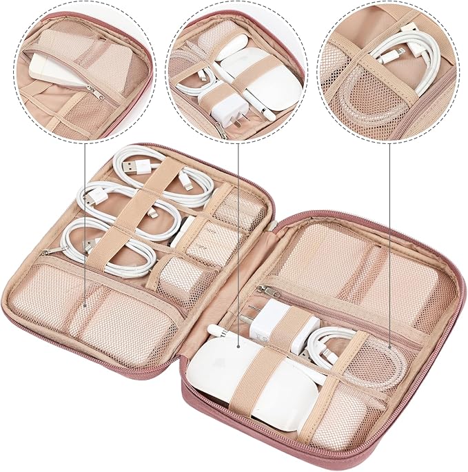 NISHEL Travel Cord Organizer Case, Tech Electronic Bag, Essentials for Charger, Cable, Phone, Hard Drive, USB, SD Card, Rosewood-Pink