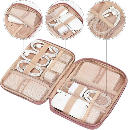 NISHEL Travel Cord Organizer Case, Tech Electronic Bag, Essentials for Charger, Cable, Phone, Hard Drive, USB, SD Card, Rosewood-Pink