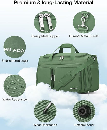 MILADA Carry On Luggage Bags for Travel Large Foldable Duffle Bag for Travel Lightweight Personal Bags for Airplanes Weekend Overnight Bags for Women Mens Travel Bag, Forest Green