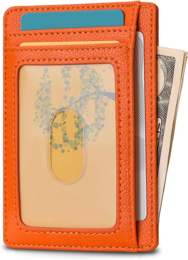 Buffway Slim Minimalist Front Pocket RFID Blocking Leather Wallets for Men and Women - Lichee Orange