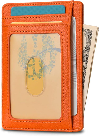 Buffway Slim Minimalist Front Pocket RFID Blocking Leather Wallets for Men and Women - Lichee Orange