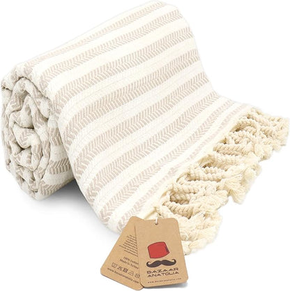 Bazaar Anatolia Turkish Bath Towel – 100% Cotton, Quick Dry Boho Farmhouse Decor, Autumn Throw Blanket for Bathroom – Oversized 71x39 Inches – Arpa Beige