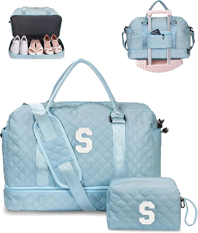 Personalized Duffle Bag-Initial, Overnight Weekend Travel, Monogram Letter Daughter Friend Gifts (Letter S) with Shoe Compartment and Makeup Bag
