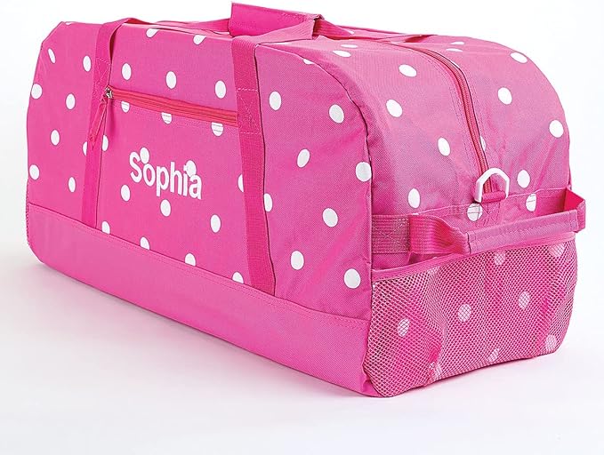 Lillian Vernon Personalized Duffel Bag for Kids, Roomy Pink & White Dots Weekender With Front & Side Compartment, Customizable Girls Sports & Travel Bags With Custom Name, 11" x 12" x 23"W