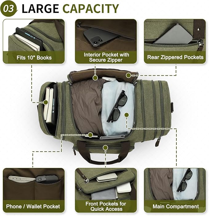 Expandable Canvas Duffel 50cm-58cm, Sturdy Zipper and Reinforced Handles, Lightweight Carry-On Weekender Bag for 3-5 Day Trips, Green