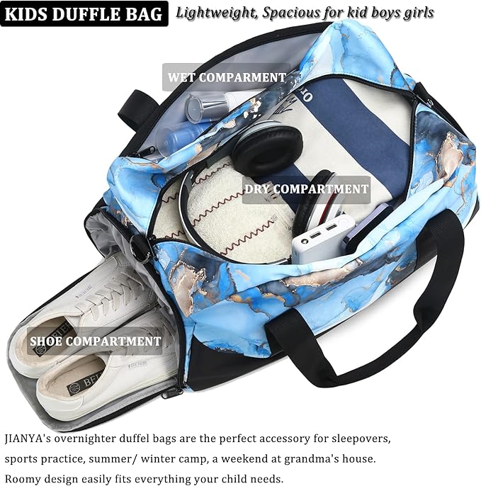 Kids Overnight Duffle Bag Girls Boys Sport Gym Bag with Shoe Compartment & Wet Pocket, Carry On Weekender Travel Bag for Kid Girl Boy