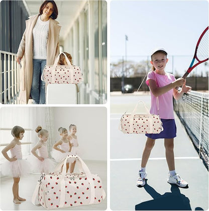 Kids Strawberry Duffle Bag for Girls and Woman with Shoe Compartments,Gymnastics Sports Bag for Kids Dance