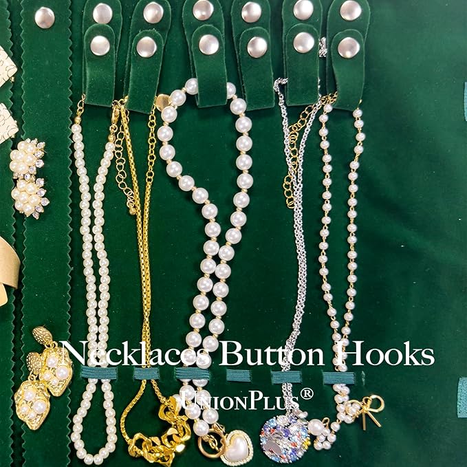 UnionPlus Velvet Travel Jewelry Case Roll Bag Organizer for Necklace Bracelet Earrings Ring, 6 PVC Pockets, Blackish Green Upgrade Version