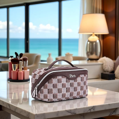 BOYATU Travel Makeup Bag for Women: Large Cosmetic Bag Set of 3 - PU Leather Make up Bag with Compartments - Compact Waterproof Toiletry Bag with Divider & Handle (D-3-Brown)