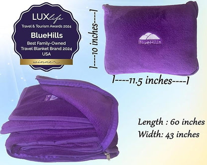 BlueHills Travel Blanket Pillow Premium Soft Plush for Airplane Travel Size Blanket Throw Long Flight Essentials in Compact Bag Plane Portable Lightweight Purple T021