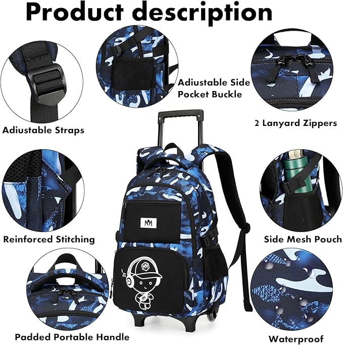 Bluboon Rolling Backpack with Wheels Kids Backpack for Boys Teens Wheeled Bookbag Kids Luggage Travel Hiking