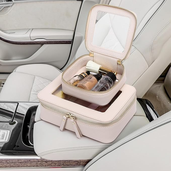 Pinkmik Clear Makeup Bag Waterproof Travel Case for Cosmetics and Toiletries Women's Purse Organizer and Clear Car Bag with Zipper (Beige, M+MINI)