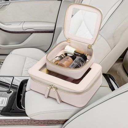 Pinkmik Small Makeup Bag Mini Clear Cosmetic Makeup Case & Toiletry Bag with Zipper Women's Purse Organizer & Car Essentials (Beige, MINI-1)