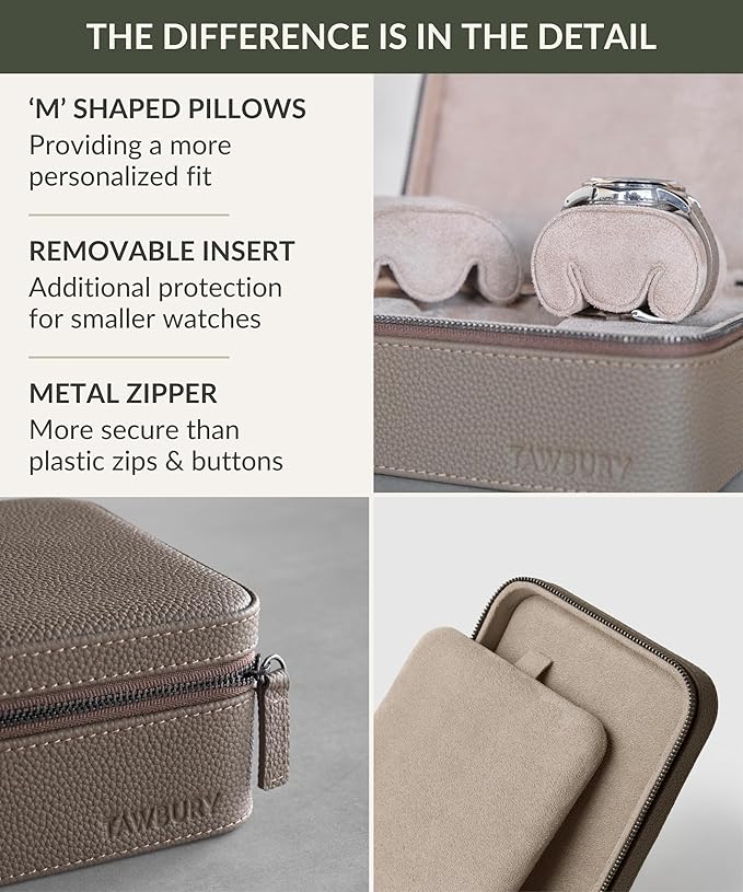 TAWBURY Watch Case - 3 Slot Portable Watch Storage Box for Home & Travel with Extra Wide Pillows for Large Watches and Compartment for Accessory Storage (Taupe)