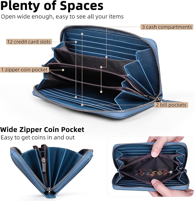VISOUL Leather Long Zipper Pouch Wallet for Men and Women with RFID Blocking, Large Clutch Cash Long Wallet with Zipper (Navy Blue)