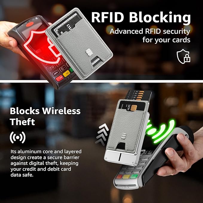 RFID Blocking Wallet, Minimalist Card Holder with Quick Access, Holds 1 to 12 Cards & Cash, Vegan Leather & Brushed Aluminum, Gift-Ready Packaging (Gray)