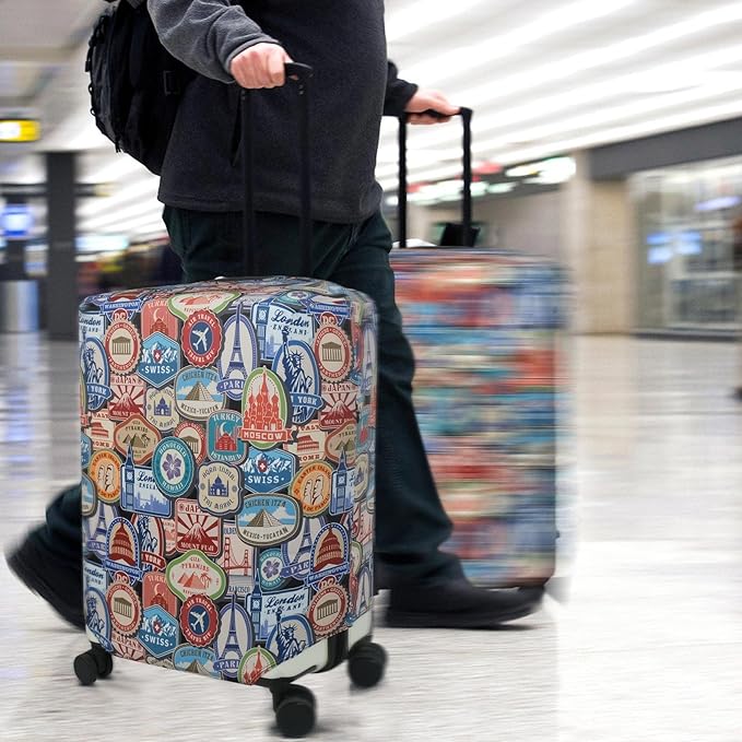 Explore Land Travel Luggage Cover Suitcase Protector Fits 27-30 Inch Case (Landmark Sticker, L)