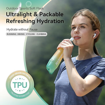 MARCHWAY Soft Hydration Flask with Wide Mouth, 300ml/500ml Collapsible TPU Water Bottle, Leakproof Portable Flexible for Running, Hiking, Cycling, Climbing, Gym, Travel (2pcs Orange-Green 500ml)