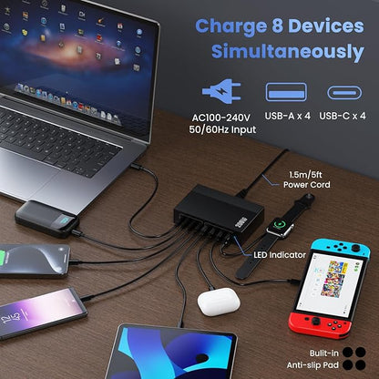 USB C Charger Block 200W[2025 Upgraded] GaN III 6 Port Fast Charging Station Hub,PD 65W USB C Laptop Charger Compatible with MacBook Pro/Air,iPad,iPhone 16/15,Galaxy S23/S24 Steam Deck Dell XPS etc