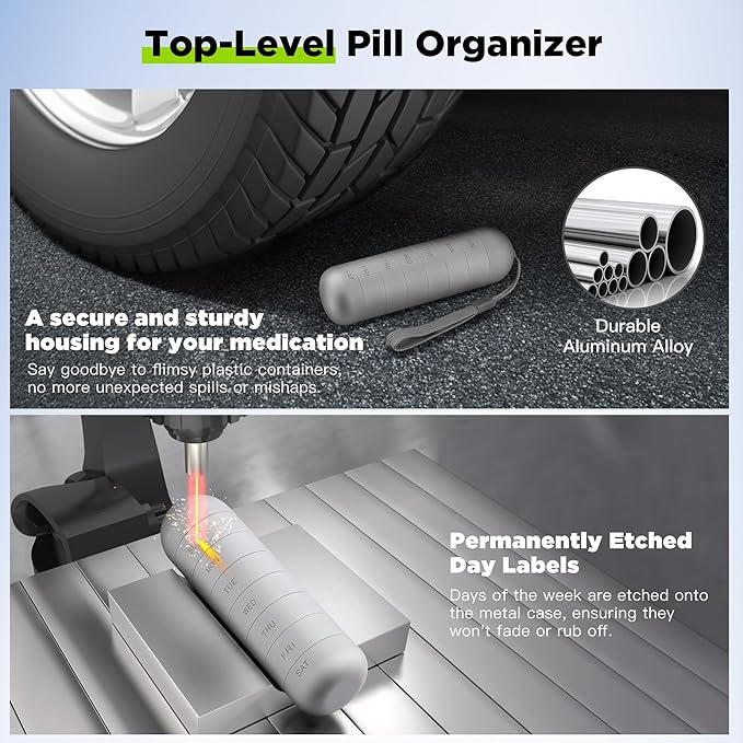Zannaki Metal Moisture Proof Weekly Pill Organizer, Stackable Aluminum Alloy BPA Free Travel Hiking 7 Day Pill Box Case Waterproof and Large Compartment to Hold Pills, Vitamins, Fish Oil, Supplements