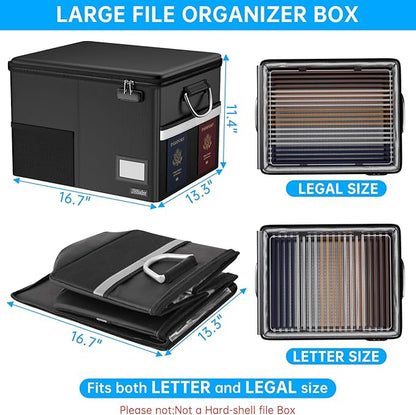 5200℉ Fireproof Document Box with Lock, Waterproof File Organizer with Handle, Portable Collapsible Filing Cabinet with Reflective Strip for Hanging Letter/Legal Folder, Black