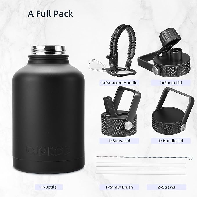 BJPKPK Insulated Water Bottles with Straw Lid, 50oz Large Water Jug, Stainless Steel Vacuum Bottles, Hot & Cold Thermo with 3 Lids and Paracord Handle, Black