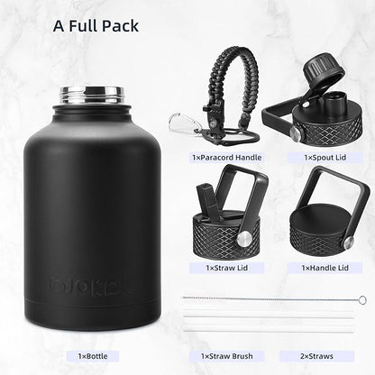 BJPKPK Insulated Water Bottles with Straw Lid, 50oz Large Water Jug, Stainless Steel Vacuum Bottles, Hot & Cold Thermo with 3 Lids and Paracord Handle, Black