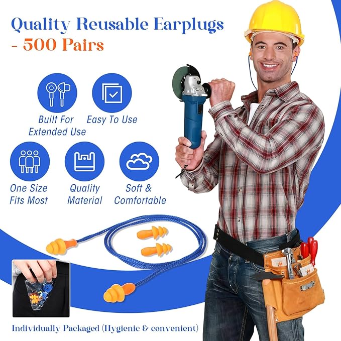 500 Pairs Corded Ear Plugs Bulk 25dB NRR Reusable Silicone Ear Plug with String Individually Wrapped Earplugs for Sleeping Noise Reduction Hearing Protection Shooting Construction Work