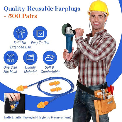500 Pairs Corded Ear Plugs Bulk 25dB NRR Reusable Silicone Ear Plug with String Individually Wrapped Earplugs for Sleeping Noise Reduction Hearing Protection Shooting Construction Work
