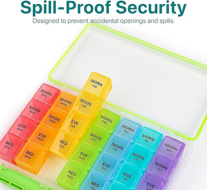 Sukuos Weekly Pill Organizer 7 Day 4 Times a Day 2 Pcs, Easy to Open Large Daily Pill Box, Moisture-Resistant Medicine Cases for Medication/Vitamin/Fish Oil/Supplements (Rainbow)