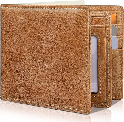 Mens Wallet Genuine Leather Bifold RFID Blocking Wallet for Men with 1 ID Window 13 Card Holders 2 cash pockets 1 Gift Box (Light Brown)