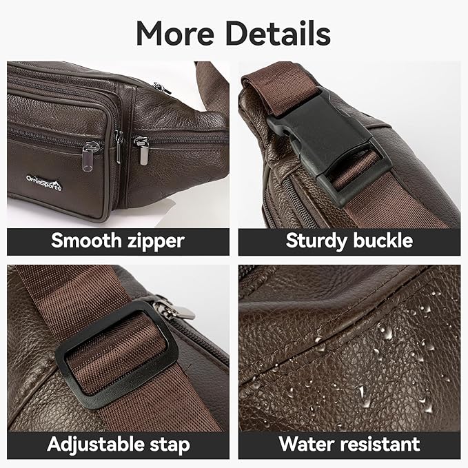 Leather Fanny Pack for Men Women,Genuine Leather Waist Belt Bag with Adjustable Strap Belt Hip Bag with Multi-Pockets for Travel Sports Running Cycling Hiking (brown)