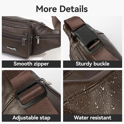 Leather Fanny Pack for Men Women,Genuine Leather Waist Belt Bag with Adjustable Strap Belt Hip Bag with Multi-Pockets for Travel Sports Running Cycling Hiking (brown)