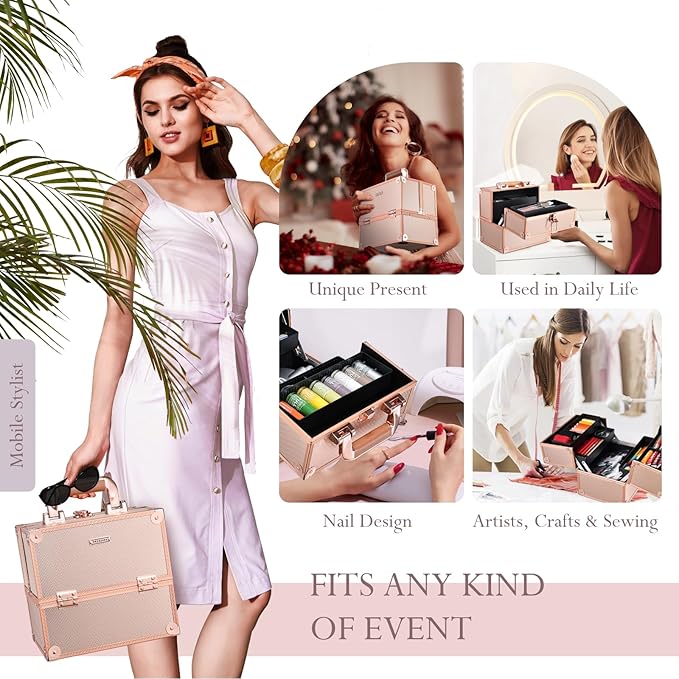 FRENESSA Makeup Train Case Makeup Case Travel Cosmetic Box Organizer Portable Make Up Box with Dividers Lockable for Artist Nail Sewing Vanity Storage Makeup Travel Case Rose Gold