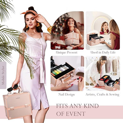 FRENESSA Makeup Train Case Makeup Case Travel Cosmetic Box Organizer Portable Make Up Box with Dividers Lockable for Artist Nail Sewing Vanity Storage Makeup Travel Case Rose Gold