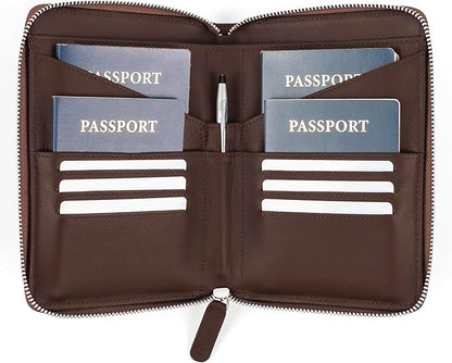 Full Grain Leather Family Passport Holder for 4 Passports - RFID Passport Holder and Travel Document Organizer - Large Leather Travel Wallet for Families - Brown