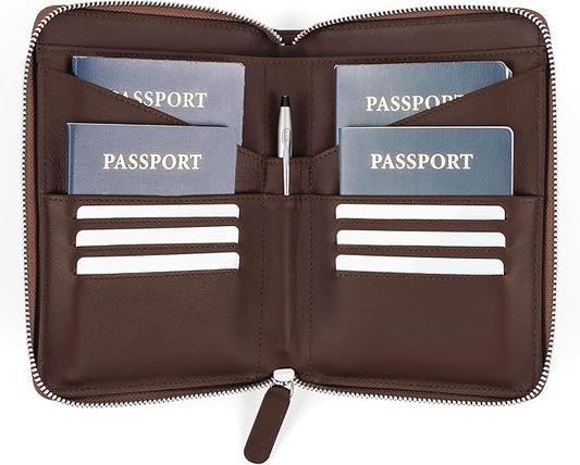 Full Grain Leather Family Passport Holder for 4 Passports - RFID Passport Holder and Travel Document Organizer - Large Leather Travel Wallet for Families - Brown