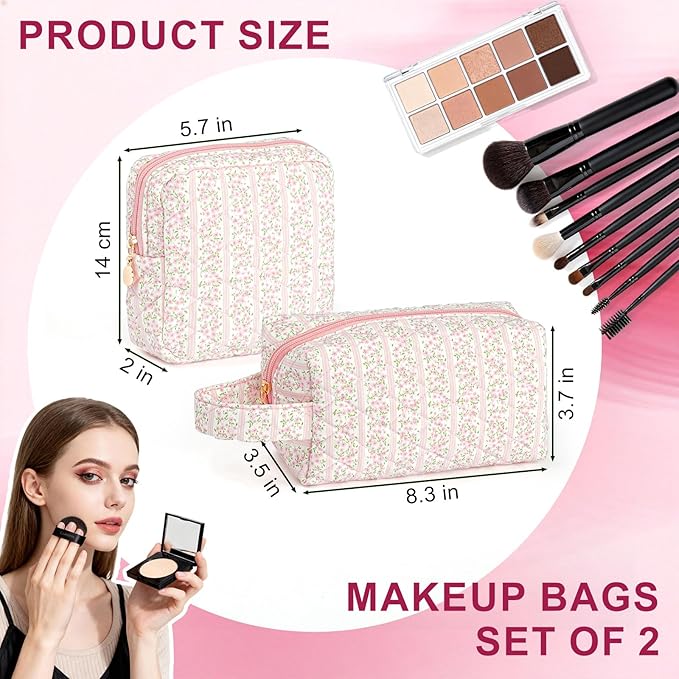 Small Makeup Bags, Cute Floral Cosmetic Pouch for Women and Girls, Quilted Travel Toiletry Bag Organizer, with Zipper, Handle and Compartments, Set of 2