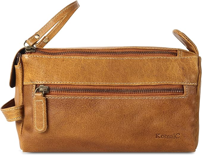 KomalC Premium Buffalo Leather Toiletry Bag for Men & Women – Leather Dopp Kit With Water resistant Lining, Premium Toiletry Travel Pouch, Unisex Wash Bag for Toiletries, Gifts for Men and Women