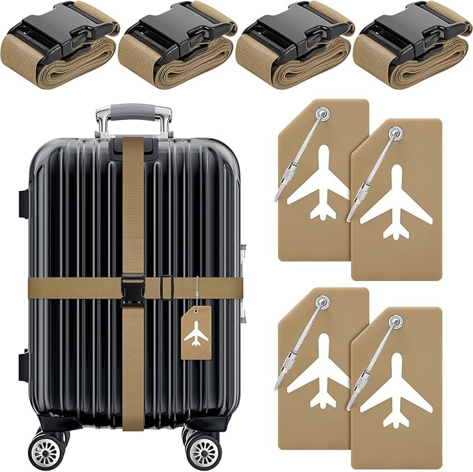 Weewooday 8 Pcs Luggage Straps Suitcase Tags Set for TSA Approved, 4 Travel Adjustable Suitcase Belt, 4 Silicone Luggage Tags with Name ID Card Travel Accessories(Khaki,Airplane)