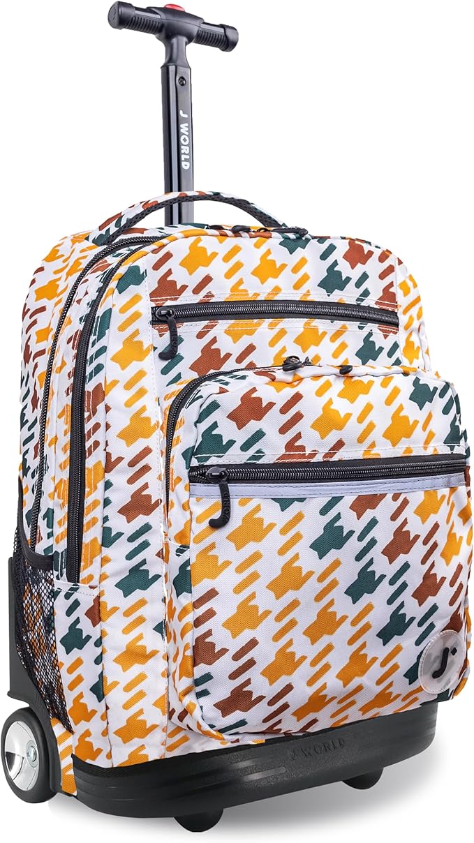 J World Sundance Laptop Rolling Backpack for Girls Boys. Roller Bookbag with Wheels, Vivid Tweed
