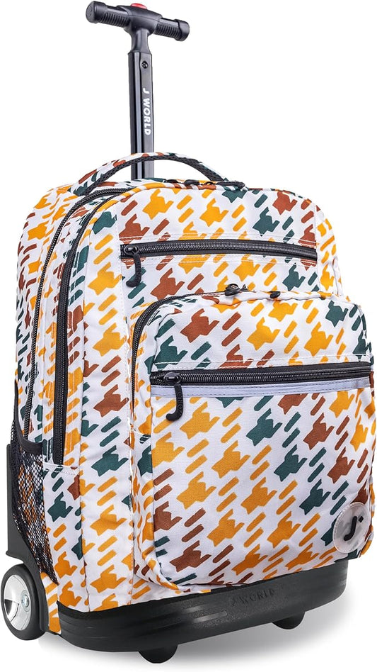 J World Sundance Laptop Rolling Backpack for Girls Boys. Roller Bookbag with Wheels, Vivid Tweed