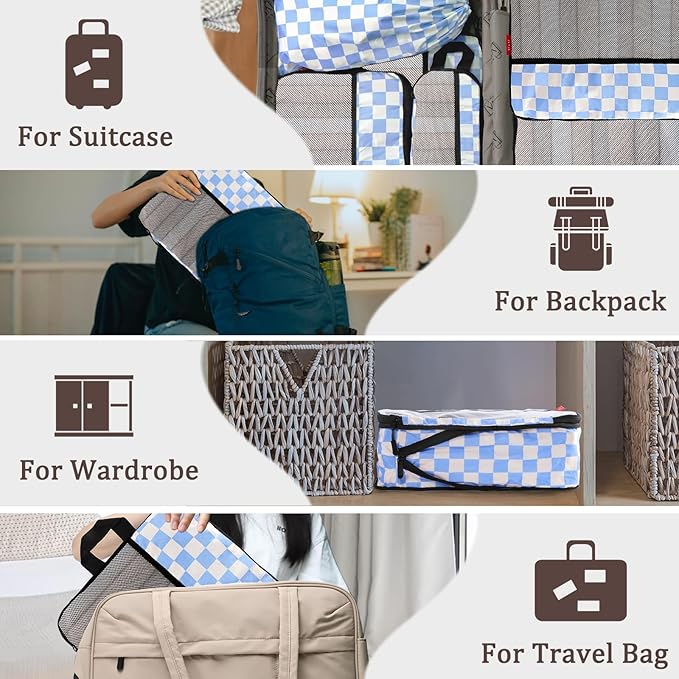 U+U 6 Set Compression Packing Cubes - Ultralight Travel Organizers with Laundry Bag, Space-Saving Suitcase Organizer for Travel, Business Trip and Family Vacation (Blue Checkered)