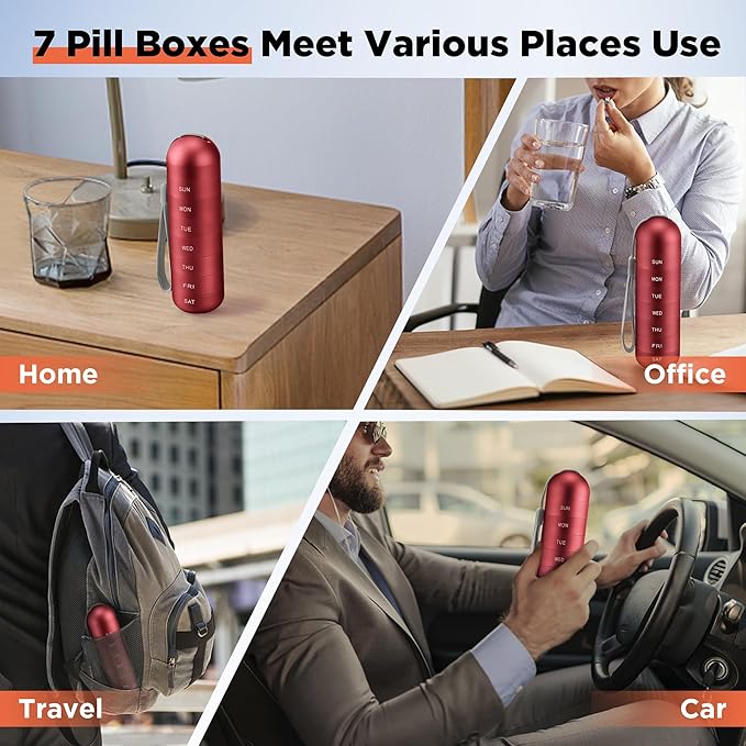 Zannaki Metal Moisture Proof Weekly Pill Organizer, Large Aluminum Alloy BPA Free Travel Hiking 7 Day Pill Box Case Waterproof and Stackable Compartment to Hold Pills, Vitamins, Fish Oil, Supplements