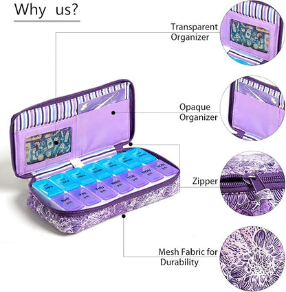 Weekly Pill Organizer 2 Times a Day, Zumd Pill Box 7 Day with Cute Quilted Fabric Zipper Case, Travel Pill Case Am Pm for Vitamin Medicine Organizer
