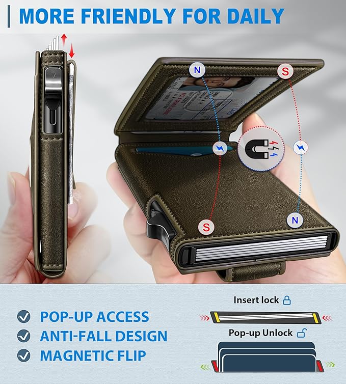 Airtag Wallet for Men,with Money Clip Gift Boxed,Slim Front Pocket Wallet RFID Blocking Metal Case Smart Pop-up Credit Card Holder in Magnetic Leather Flip