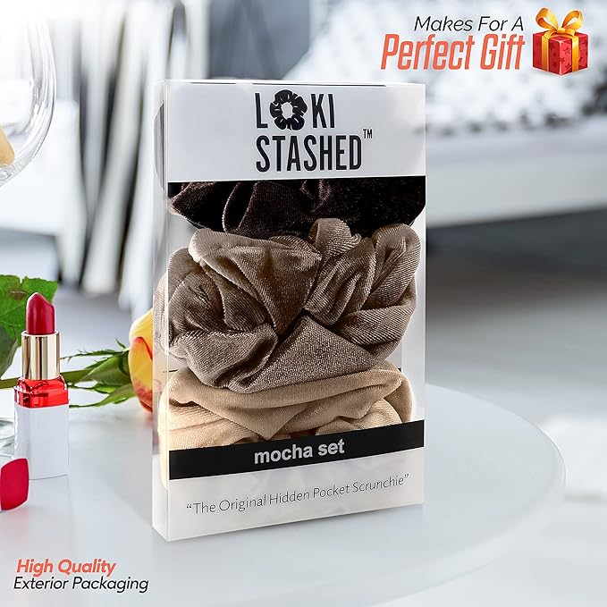 3-PACK Velvet Hair Tie Scrunchies for VSCO Girls & Women, THE ORIGINAL HIDDEN POCKET SCRUNCHIE with Zipper Pocket Storage, Accessories, Small Items, Keys, Money (Mocha Set)