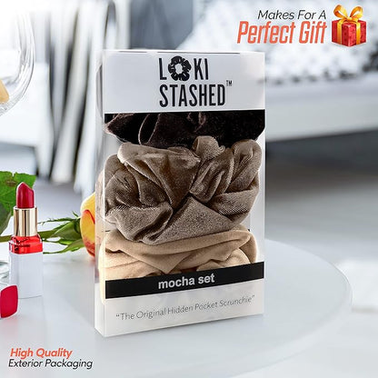 3-PACK Velvet Hair Tie Scrunchies for VSCO Girls & Women, THE ORIGINAL HIDDEN POCKET SCRUNCHIE with Zipper Pocket Storage, Accessories, Small Items, Keys, Money (Mocha Set)