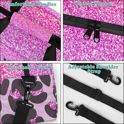 Personalized Kids Sports Duffel Bag with Name Custom Weekender Overnight Bag for Boys Girls Gym Bag Travel Dance Gymnastics Duffel Bag, Purple Glitter Leopard Print