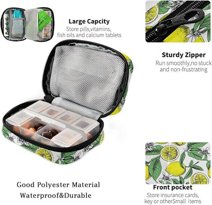 Fustylead Lemons Leaves Floral Pill Organizer Travel Portable Zipper Cloth Bag for Holding Weekly Supplements Vitamins and Fish Oils